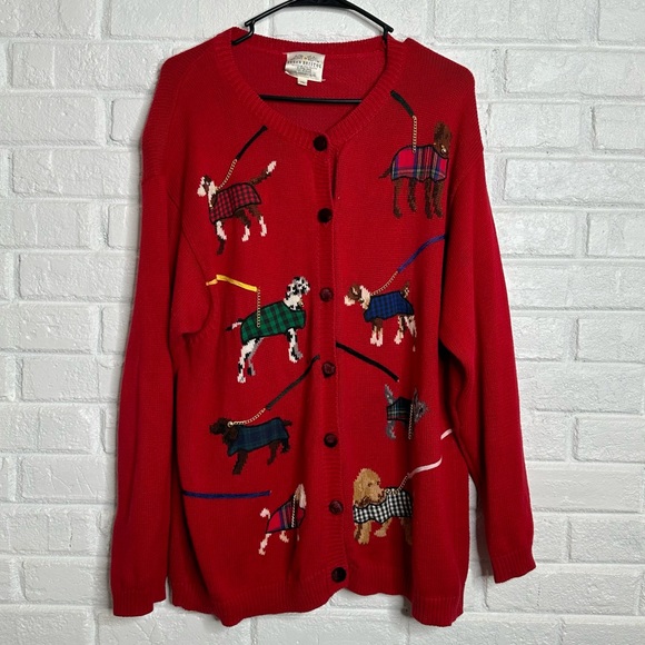 Susan Bristol Sweaters - Vintage Susan Bristol 1995 Dogs on Leashes w Bells Red Button Front Cardigan XL